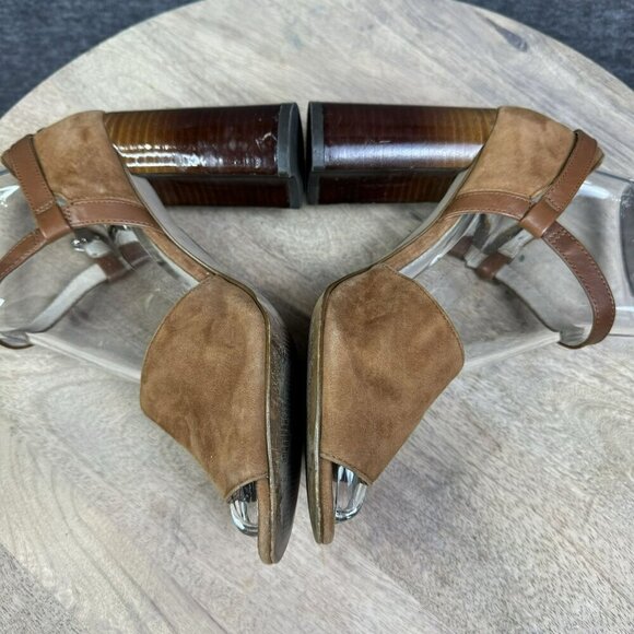 Louise Et Cie 37 /  6.5M Brown tan Suede Peep Toe Heels Ankle Strap Stacked heel - Picture 6 of 10